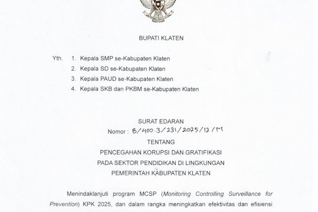 SE Bupati Klaten tentang Pencegahan Korupsi dan Gratifikasi pada Sektor Pendidikan di Lingkungan Pemerintah Kabupaten Klaten 2025