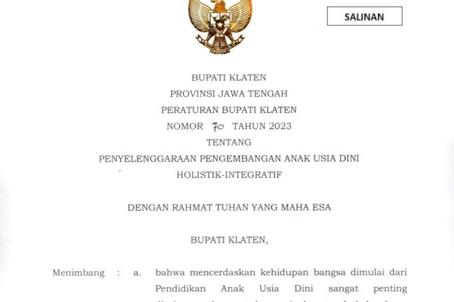 Peraturan Bupati Klaten Nomor 70 Tahun 2023 tentang Penyelenggaraan PAUD Holistik Integratif