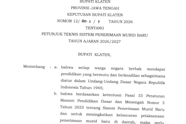 SK Bupati Klaten Nomor 12/400.3/7 Tahun 2026 tentang Petunjuk Teknis SPMB T.A. 2026/2027