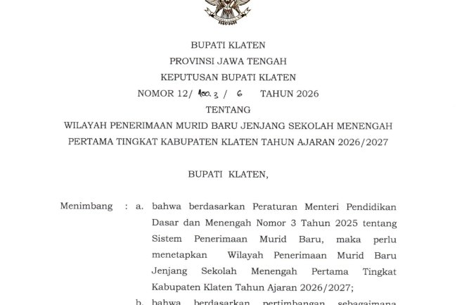 SK Bupati Klaten Penetapan Wilayah SPMB Klaten 2026/2027