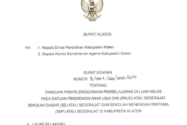 SE Bupati Klaten tentang Panduan Penyelenggaraan Pembelajaran di Luar Kelas