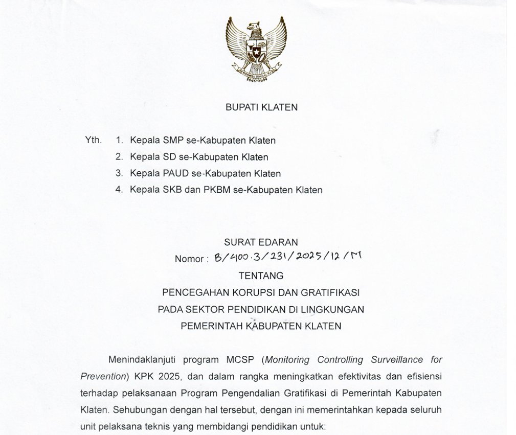 SE Bupati Klaten tentang Pencegahan Korupsi dan Gratifikasi pada Sektor Pendidikan di Lingkungan Pemerintah Kabupaten Klaten 2025