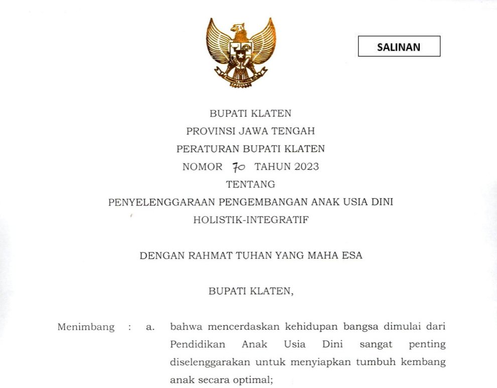 Peraturan Bupati Klaten Nomor 70 Tahun 2023 tentang Penyelenggaraan PAUD Holistik Integratif