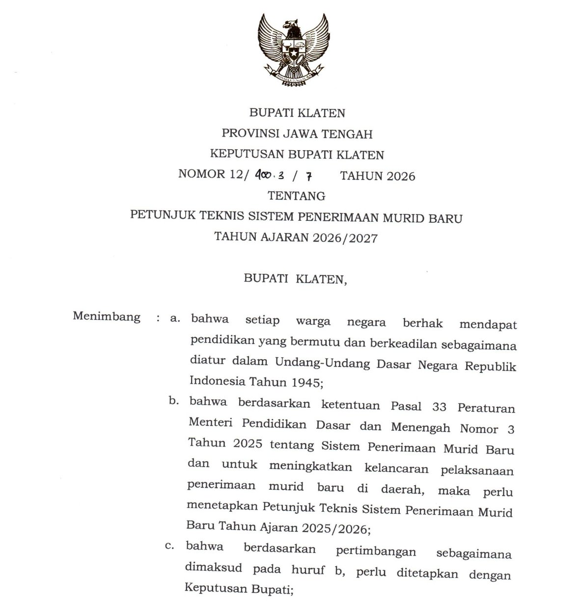 SK Bupati Klaten Nomor 12/400.3/7 Tahun 2026 tentang Petunjuk Teknis SPMB T.A. 2026/2027
