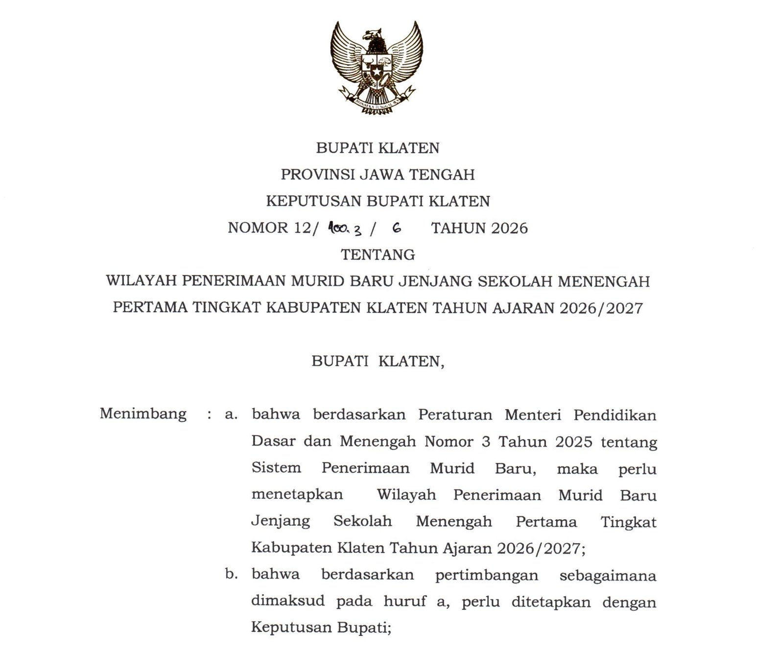 SK Bupati Klaten Penetapan Wilayah SPMB Klaten 2026/2027