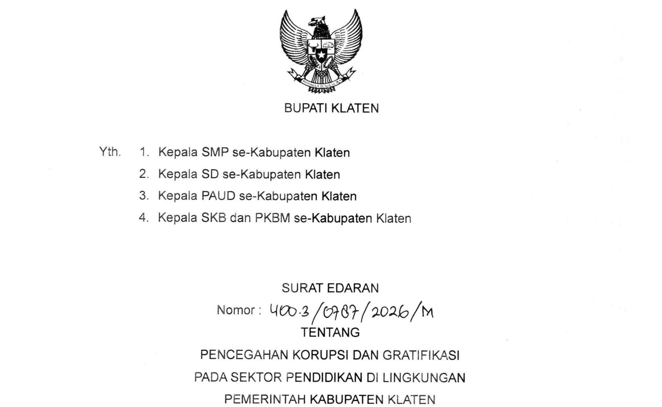 SE Bupati Klaten tentang Pencegahan Korupsi dan Gratifikasi pada Sektor Pendidikan di Lingkungan Pemkab Klaten