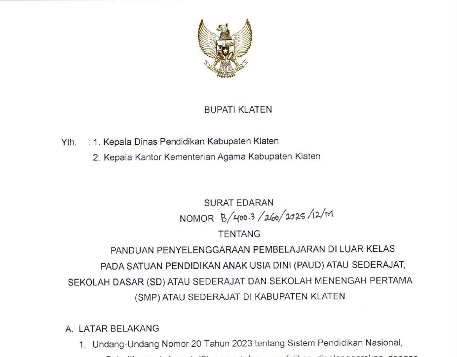 SE Bupati Klaten tentang Panduan Penyelenggaraan Pembelajaran di Luar Kelas